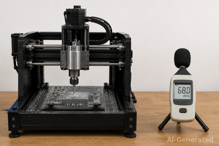 A desktop CNC mill producing 68 dB(A) during rapids achieved 54 dB(A) through sequential changes