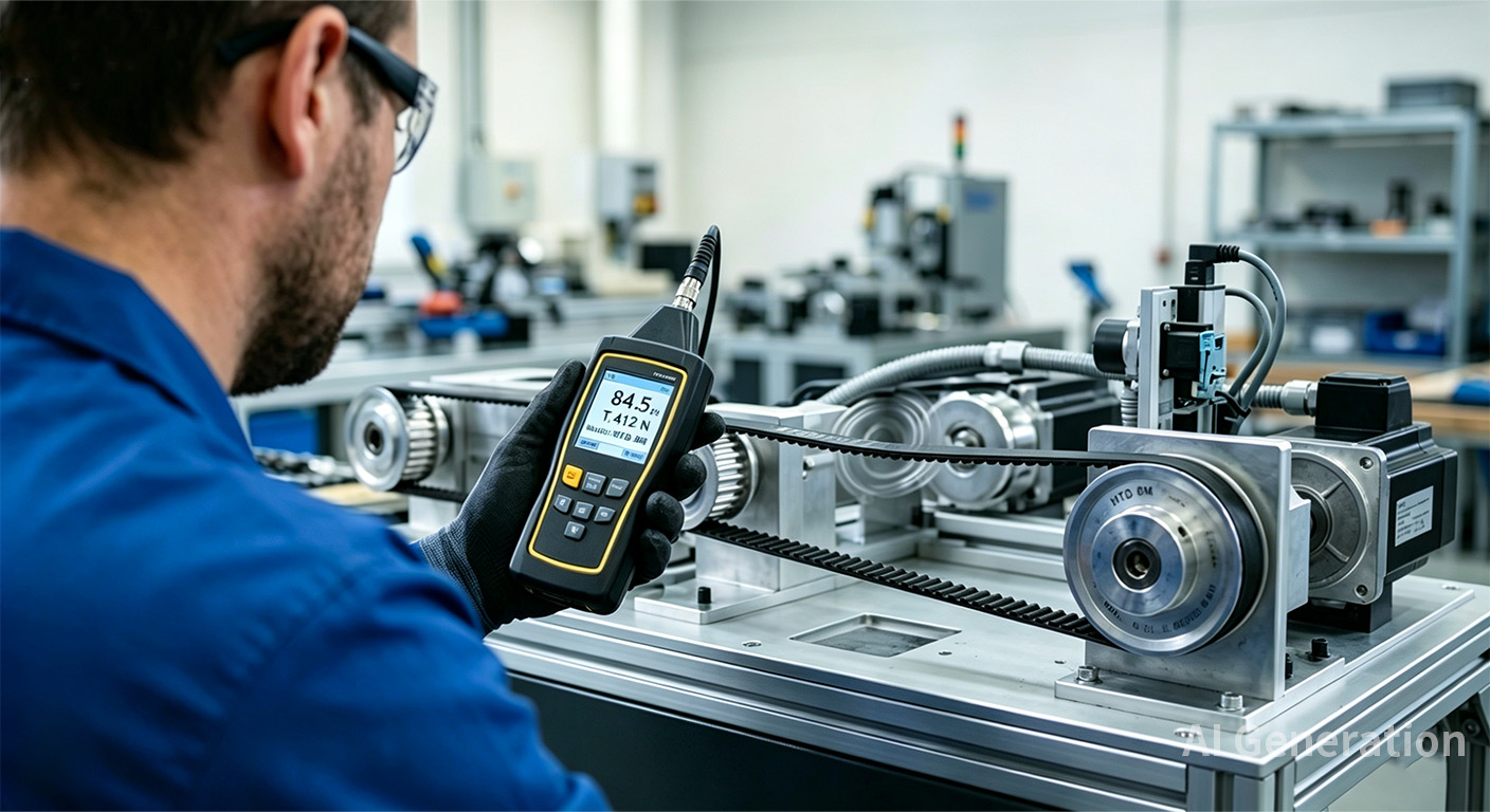 Technician using a sonic tension meter on a timing belt drive