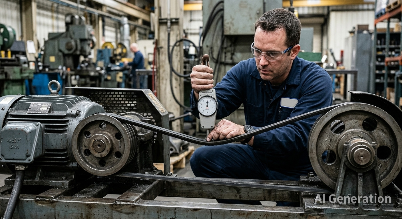 An engineer measuring belt tension with a deflection gauge on an industrial drive