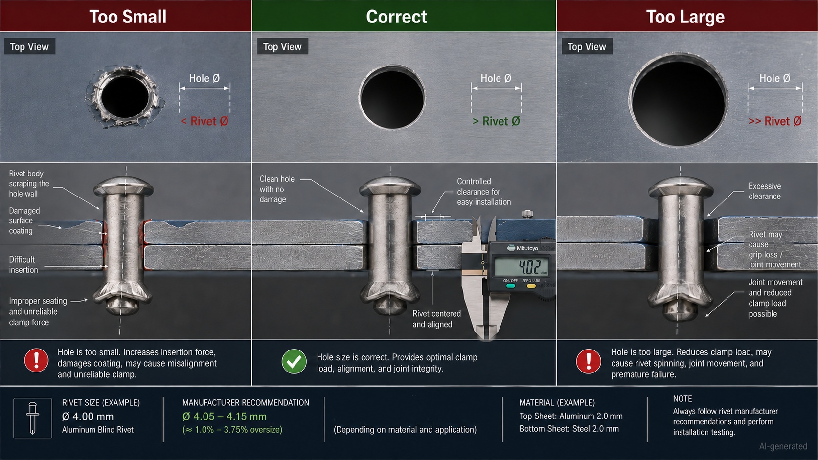 blind rivet hole size too small correct too large