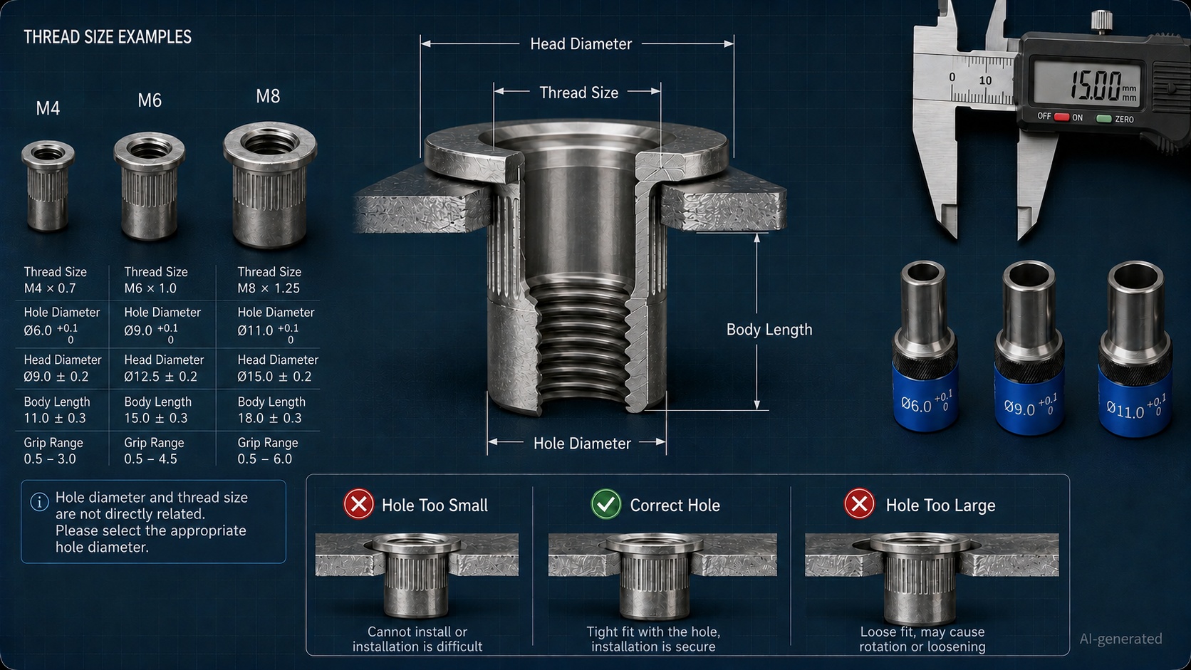 blind rivet nut size hole grip range