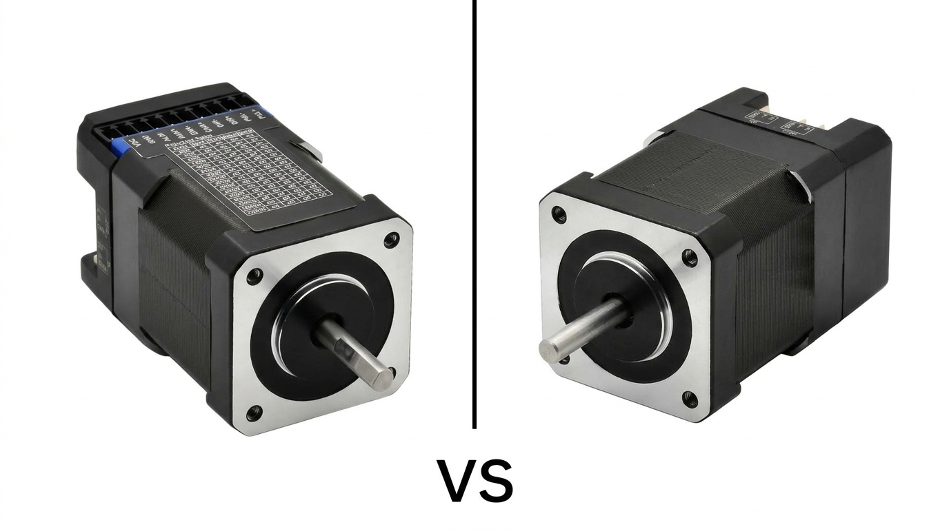 The images use JLCMC products as examples to compare the differences between the closed-loop stepper motor on the left and the open-loop stepper motor on the right.