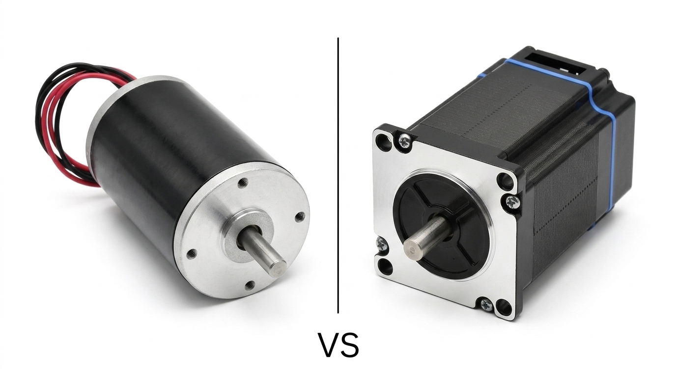 In the image, the brushed DC motor is shown on the left, while the stepper motor is shown on the right.