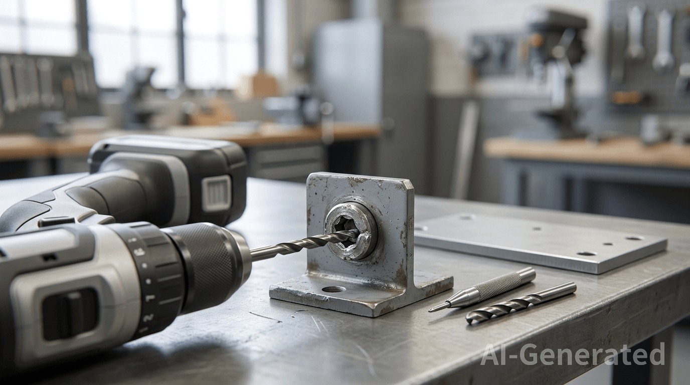 Drill bit centered on a stripped screw head during controlled screw removal