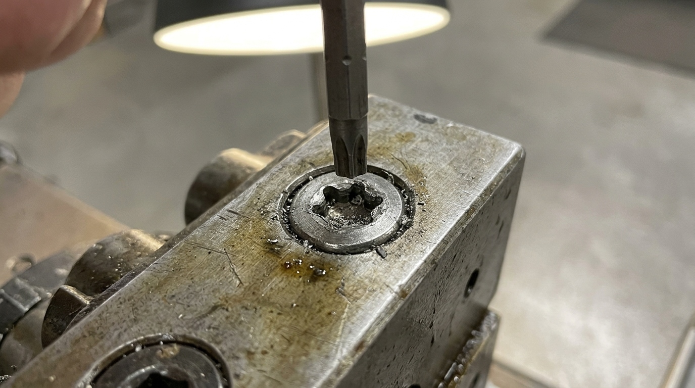 Removing a stripped Torx screw with a screwdriver bit in a damaged star-shaped recess