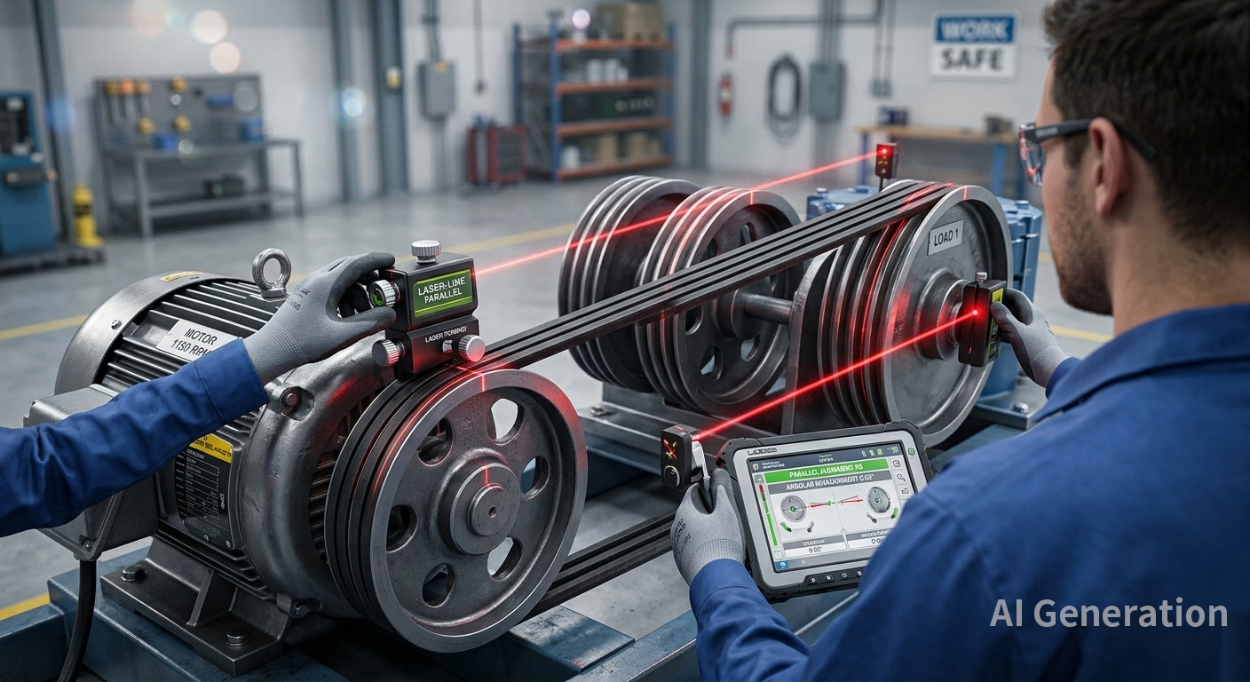 Laser alignment tool checking pulley parallelism on the belt drive system