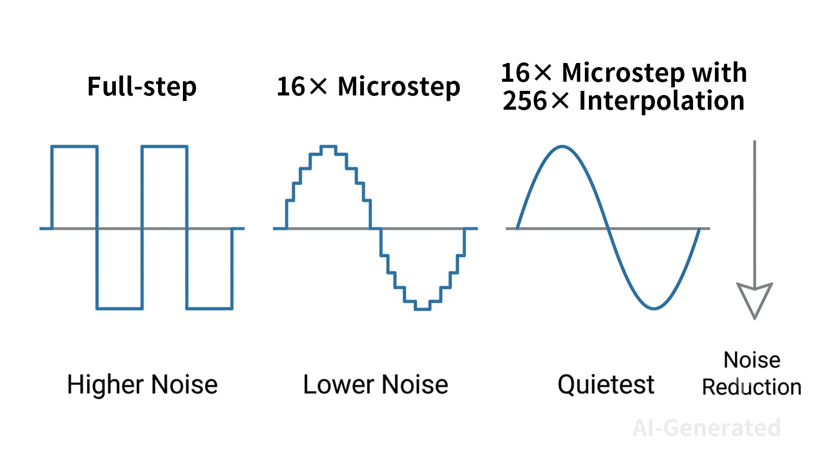 Stepper motor waveform comparison showing noise reduction with microstepping.