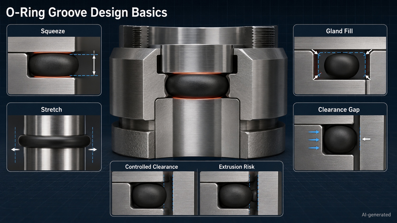 o ring groove design squeeze stretch gland fill