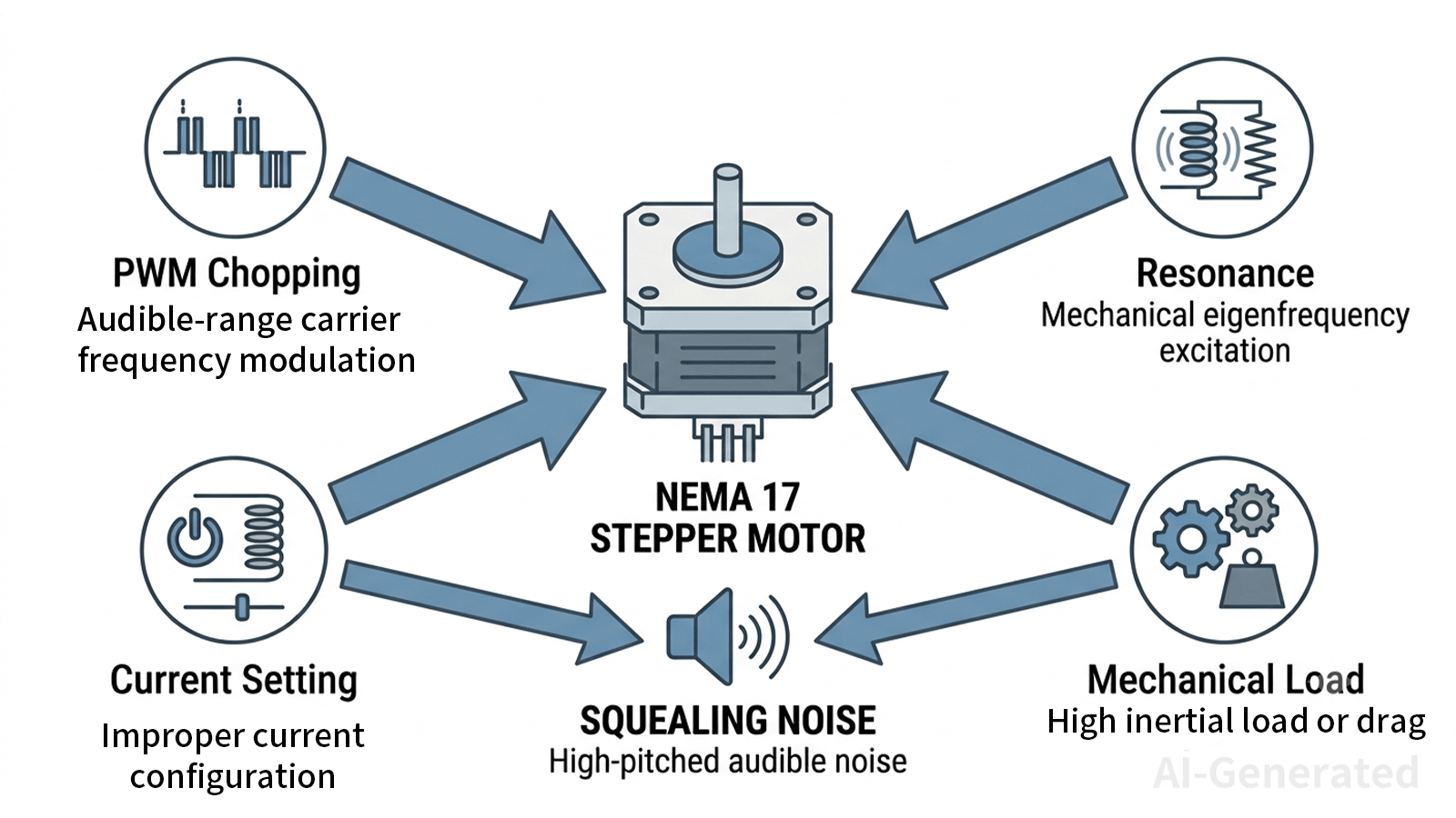 Four causes of stepper motor squealing: PWM, resonance, current, and load.