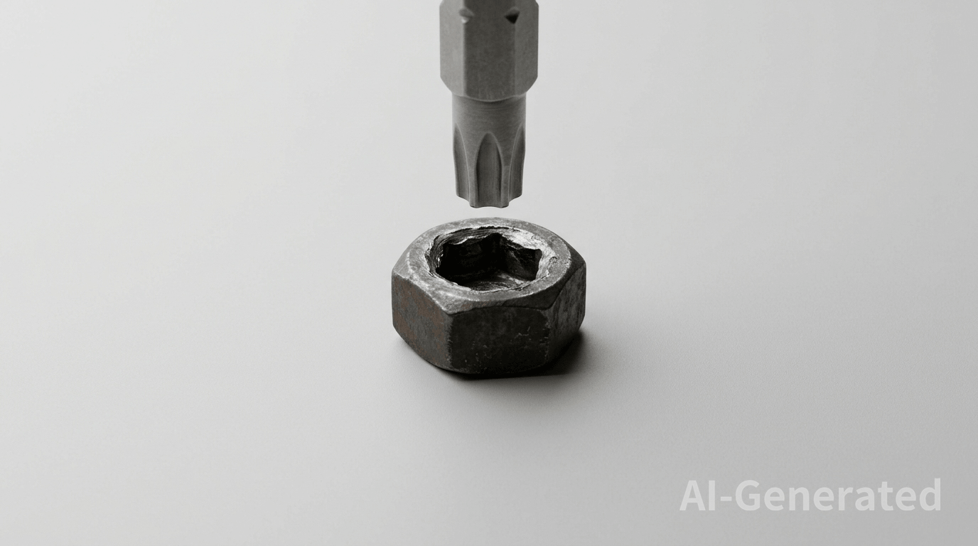 Stripped internal hex bolt with a Torx bit and ratchet driver on a workshop surface