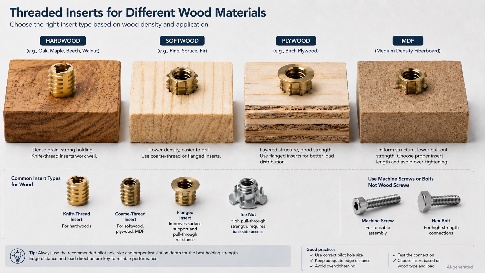 threaded inserts for different wood materials