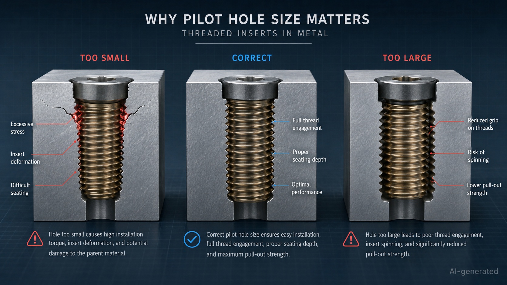 threaded inserts pilot hole size metal
