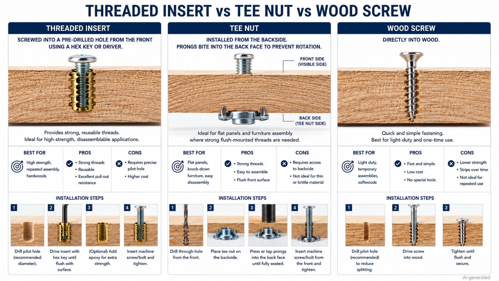 threaded inserts vs tee nuts vs wood screws