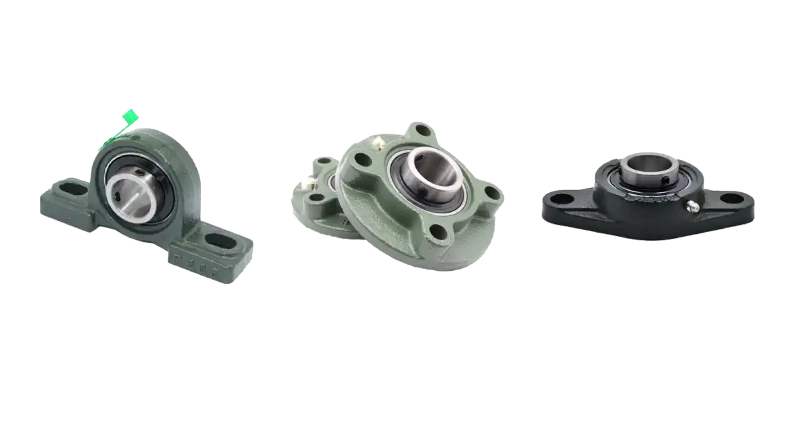 The image presents three different types of mounted bearing units, with the UCP, UCF, and UCFL types shown from left to right, respectively.
