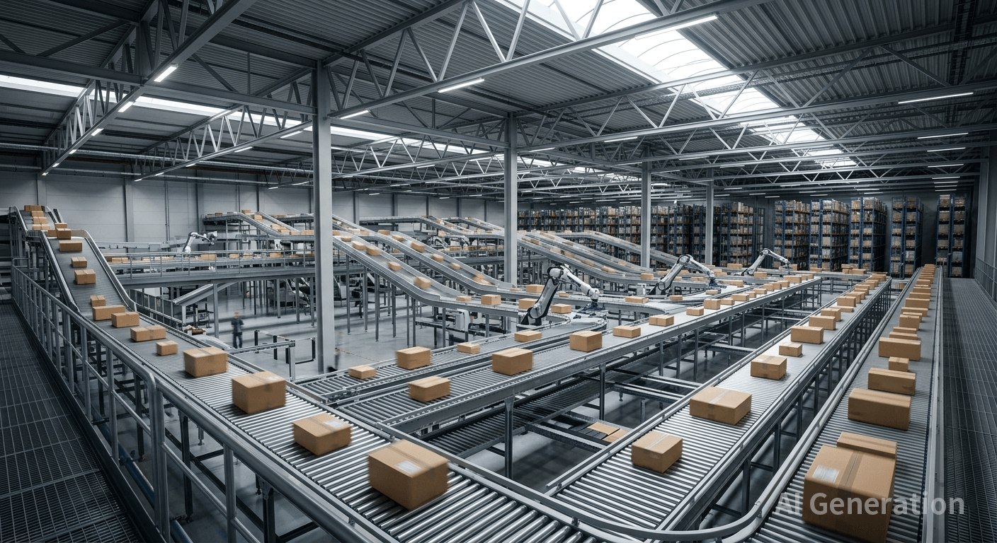 warehouse conveyor belt automation system in a large distribution center
