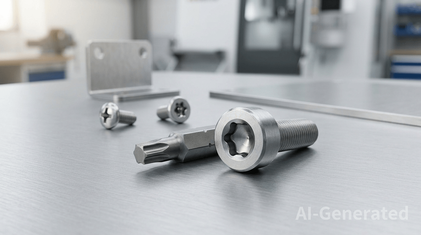 Steel Torx screw with a six-lobe recess beside a matching Torx bit and security Torx fastener